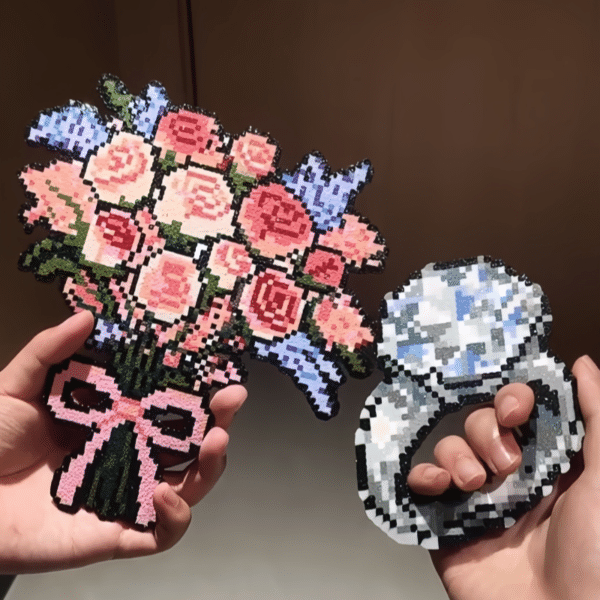 "Forever Roses" Bouquet & Diamond Ring Set — Handmade Perler Bead Art