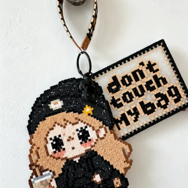 Cute Girl & "Don't Touch My Bag" Perler Bead Luggage Tag Keychain — Handmade
