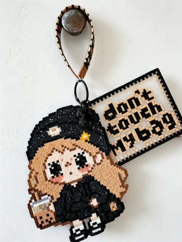 Cute Girl & "Don't Touch My Bag" Perler Bead Luggage Tag Keychain — Handmade