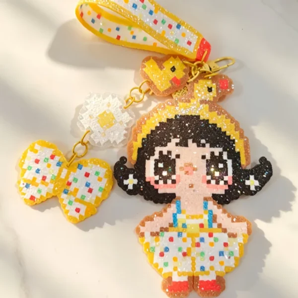 Yellow Duck & Girl Perler Bead Bag Charm — Handmade Keychain
