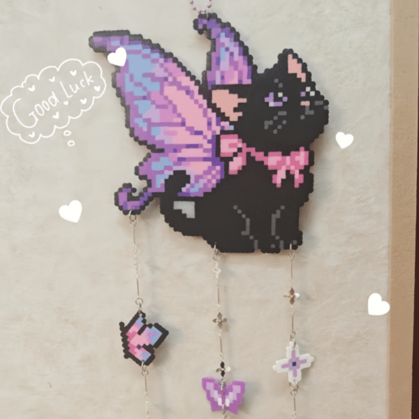 Fairy Wing Cat Perler Bead Wind Chime — Handmade Bag Charm & Keychain