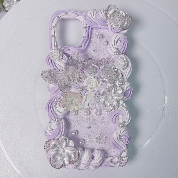 Lavender Butterfly & Rose Handmade Phone Case with Whipped-Cream Texture