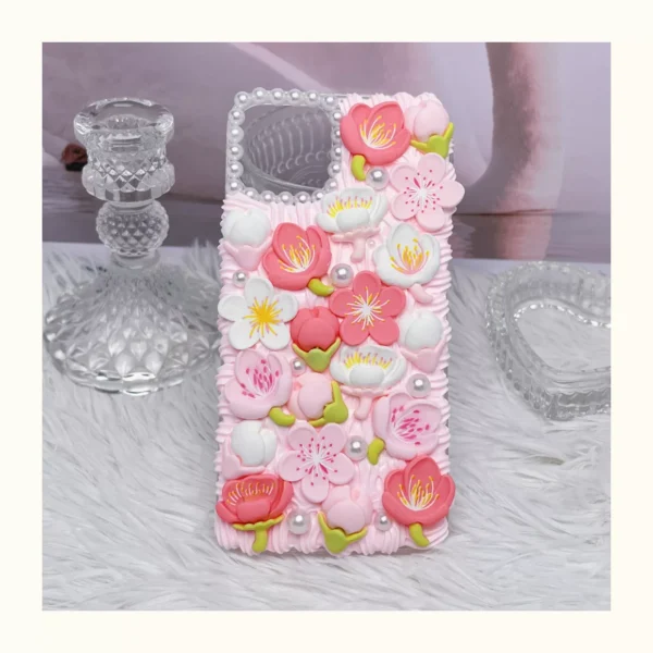 Pink Cherry Blossom Handmade Phone Case with Whipped-Cream Texture