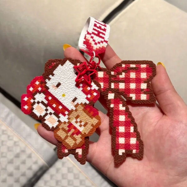 Red Gingham Bow & Kitty Perler Bead Bag Charm — Handmade