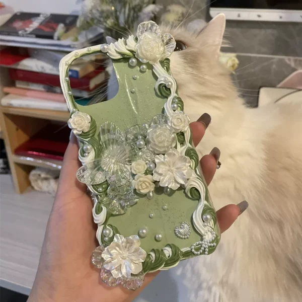 Matcha Green Butterfly & Rose Handmade Phone Case with Whipped-Cream Texture
