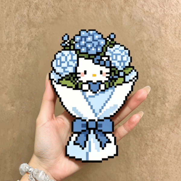 Blue Hydrangea Bouquet Kitty Perler Bead Art — Couple's Valentine's Gift
