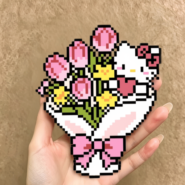 Pink Tulip Bouquet Kitty Perler Bead Art
