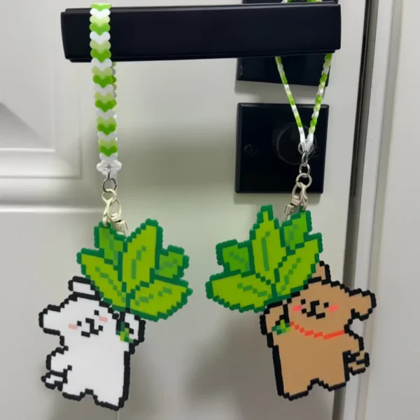 Line Dog with Leaf Hat Perler Bead Bag Charm — Handmade